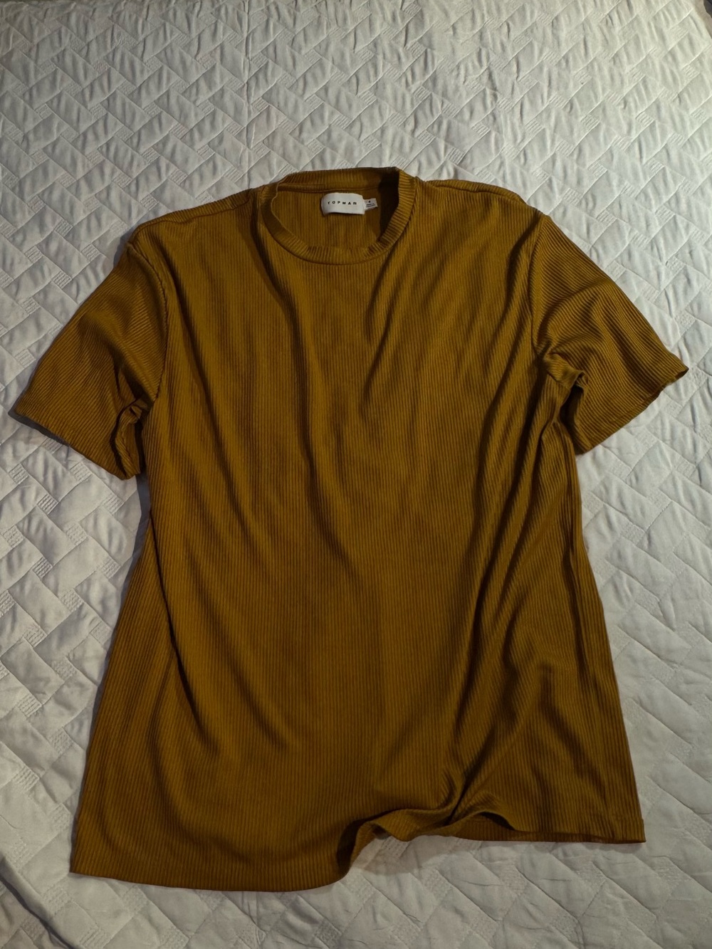Topman Ribbed Short-Sleeve Tee in Mustard Brown